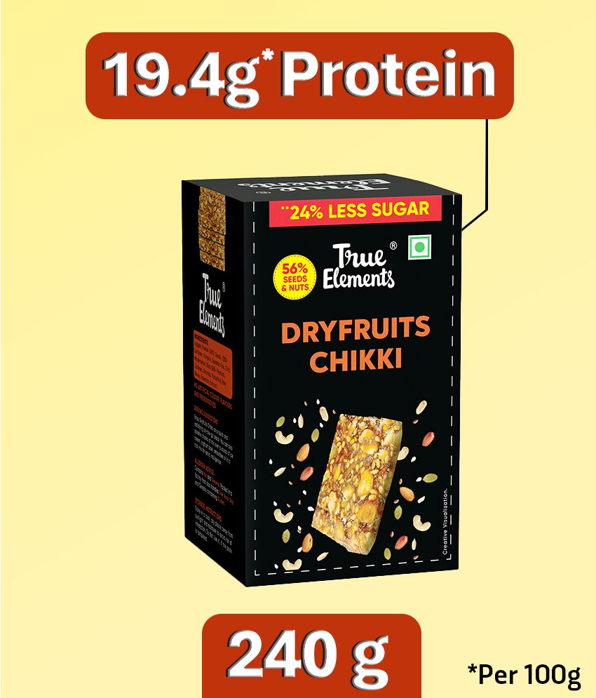     			True Elements Dryfruits Chikki, 24% Less Sugar, Gajak, Almonds, Cashews, Pista 240g (Pack of 12)