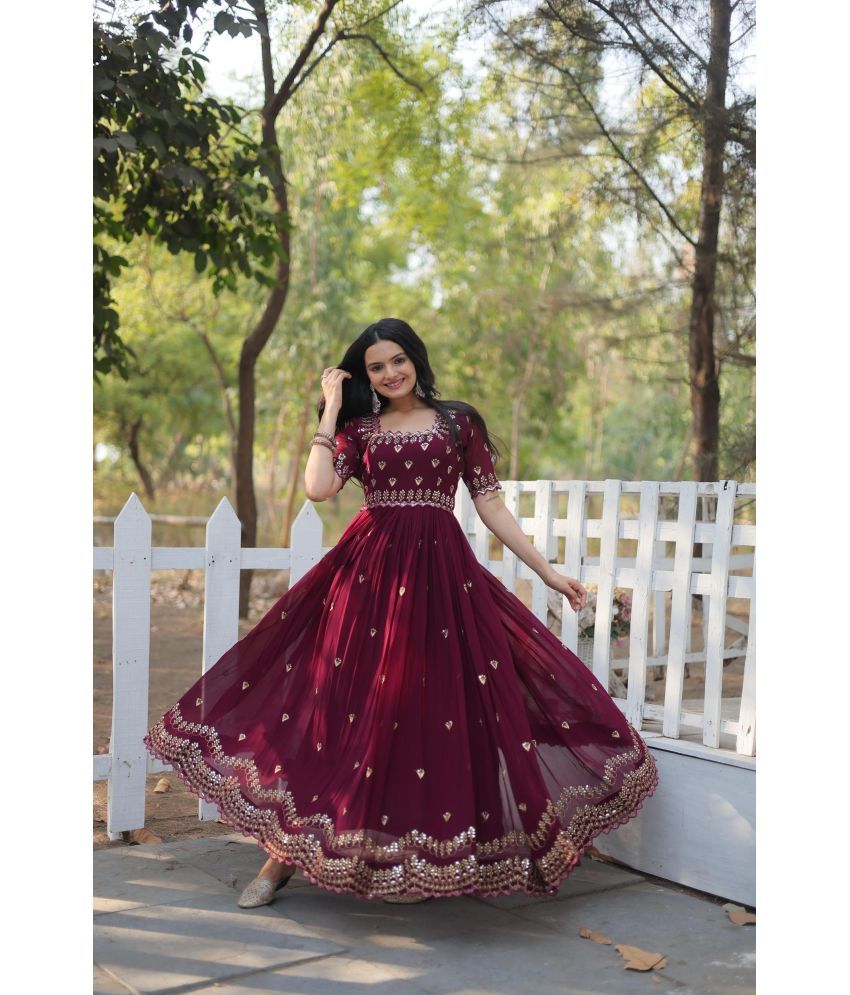     			aplix Maroon Anarkali Georgette Women's Stitched Ethnic Gown ( Pack of 1 )