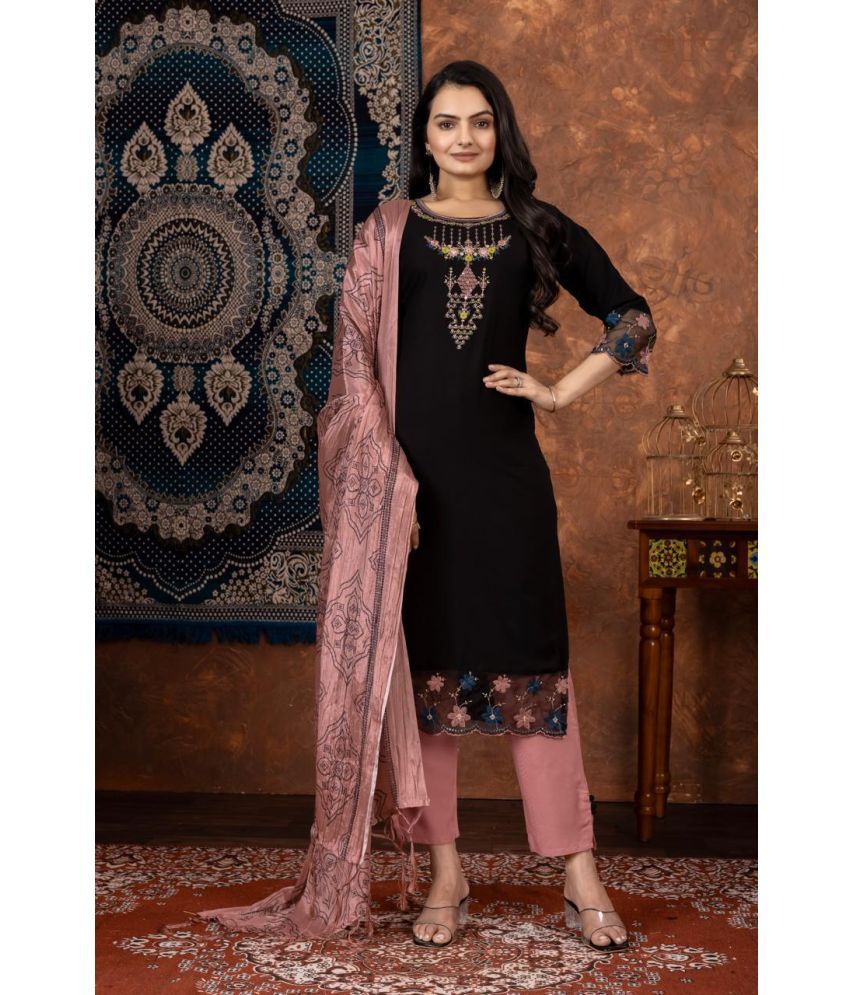     			aplix Rayon Embroidered Kurti With Pants Women's Stitched Salwar Suit - Black ( Pack of 1 )