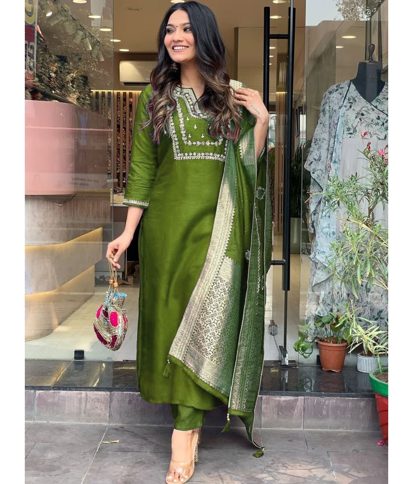     			Eeloo Silk Embroidered Kurti With Pants Women's Stitched Salwar Suit - Green ( Pack of 1 )