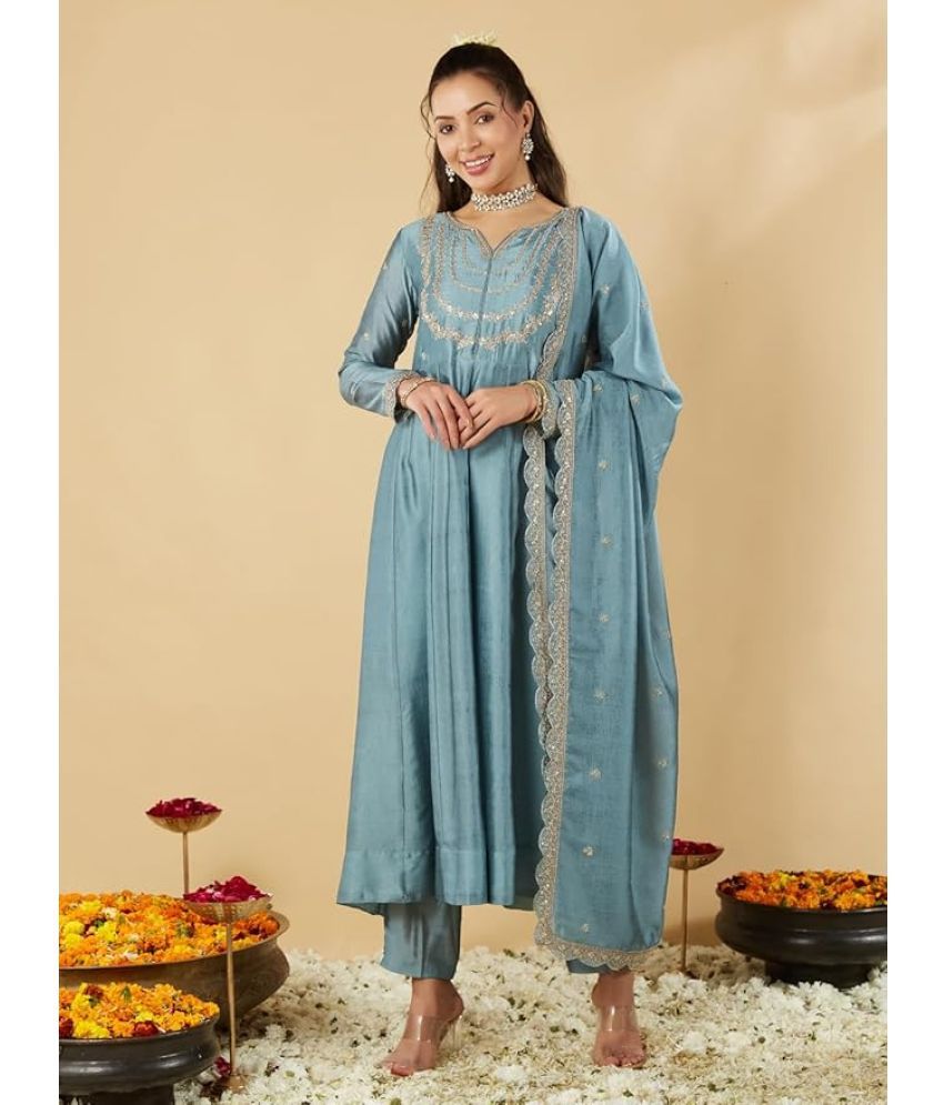     			SAREEKART FAB Silk Blend Embroidered Kurti With Pants Women's Stitched Salwar Suit - Blue ( Pack of 1 )