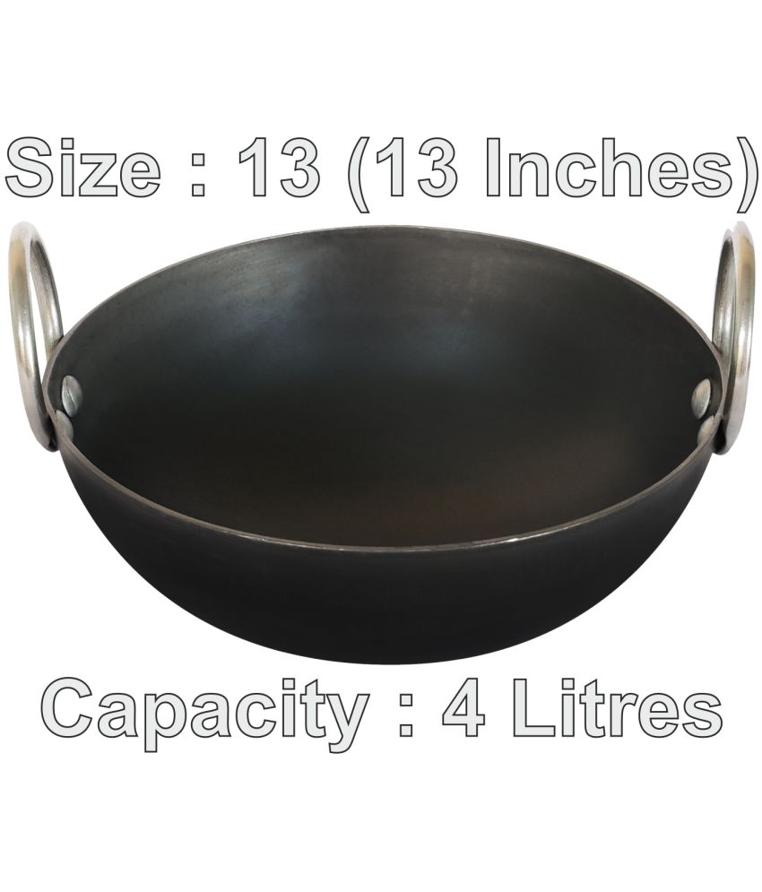     			Veer Ms Kadai Non coated Iron Deep Kadhai Heavy Bottom Stainless Steel Handle 2 Thickness mm 33 cm Diameter ( 4 L )