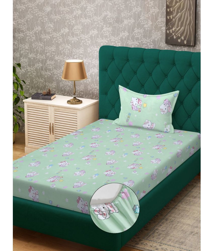     			Klotthe Cotton Humor & Comic Fitted 1 Bedsheet with 1 Pillow Cover ( Single Bed ) - Green