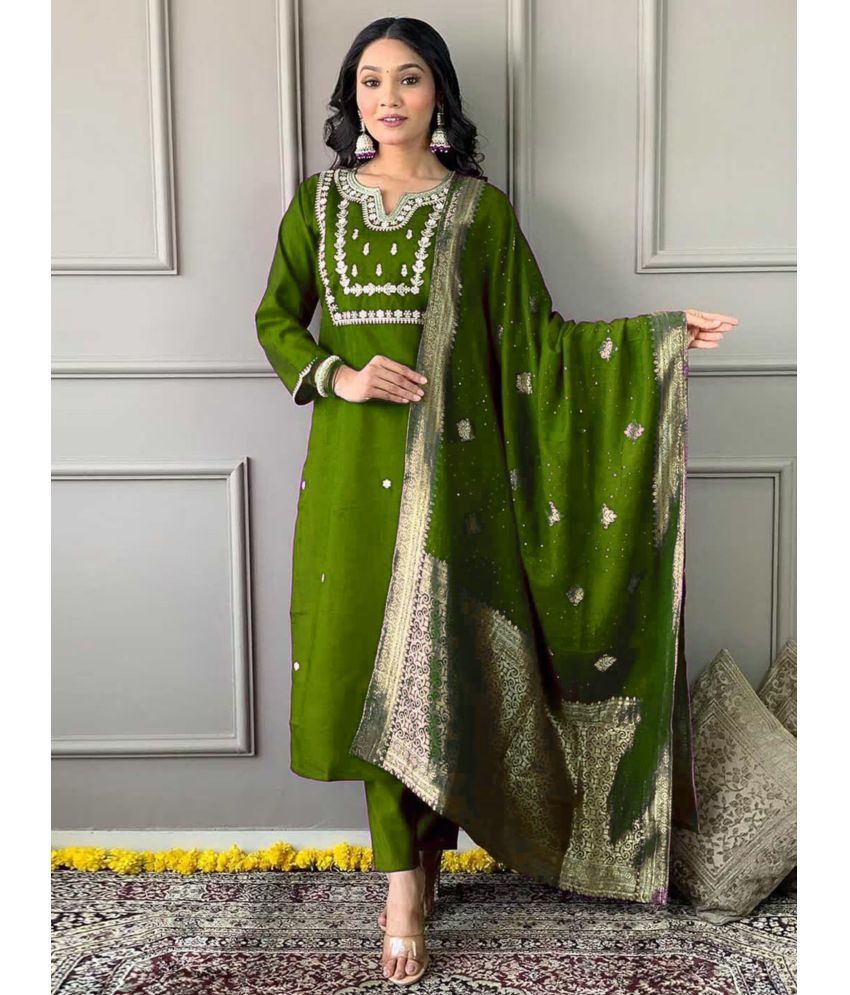     			Niza Fashion Silk Embroidered Kurti With Pants Women's Stitched Salwar Suit - Green ( Pack of 1 )