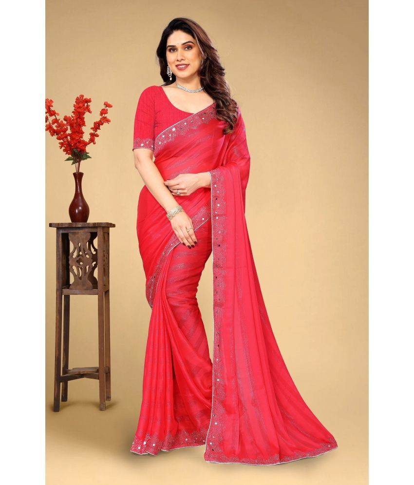     			VEERAIVA Chiffon Striped Saree With Blouse Piece ( Pink , Pack of 1 )