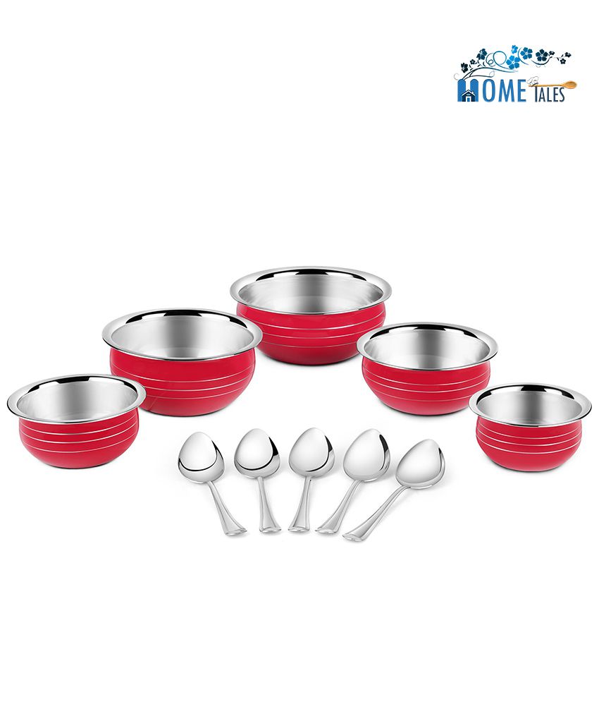 HOMETALES Stainless Steel Serving Handi Set of 10 U, Red Color (Induction  Compatible)