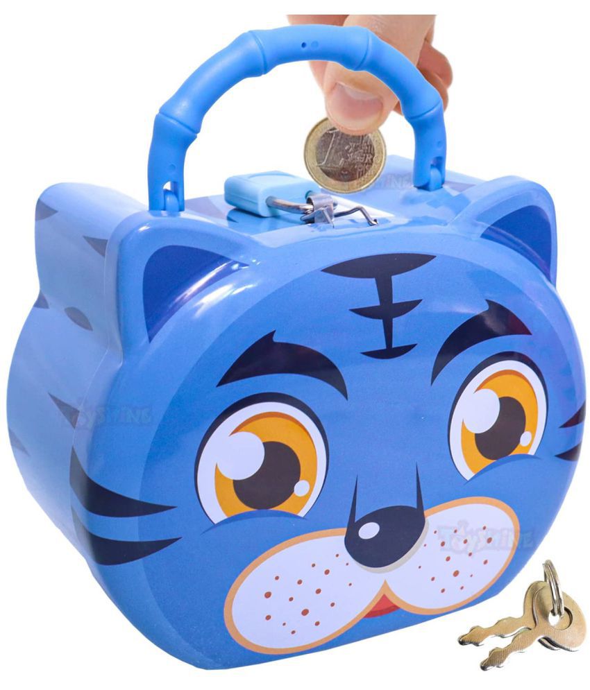 Toyshine Fat Cat Money Box Safe Piggy Bank with Lock, Savings Bank for Kids, Made of Tin Metal - Blue