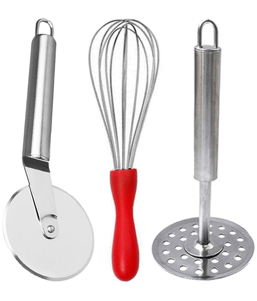     			JISUN Stainless Steel Wheel Pizza Cutter & Vegetable Masher / Pav Bhaji Masher / Potato Masher & Plastic Handle Whisk, Beater, Whisker Silver Kitchen Tool Set