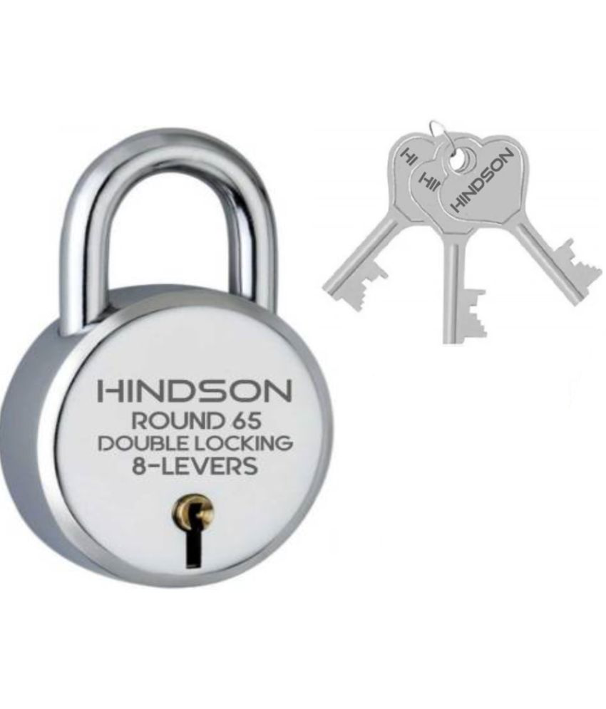     			HINDSON- Tools Hardware Door Lock Round 65mm with 3 Key,  Steel Double Locking, 8 Lever Padlock for Door, Gate, Shutter, Home Silver Finish
