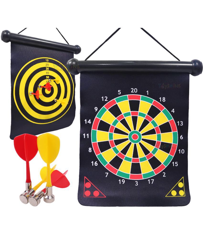 Toyshine 12 Inches Magnetic Double Sided Foldable Dart Board Game with 4 Colourful Non Pointed Darts for Kids , Multi Colour, 12-Inch SSTP- Model B