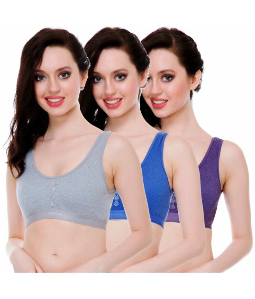 soft beauty Gray,Blue,Purple Cotton Blend Solid Sports Bra - Pack of 3