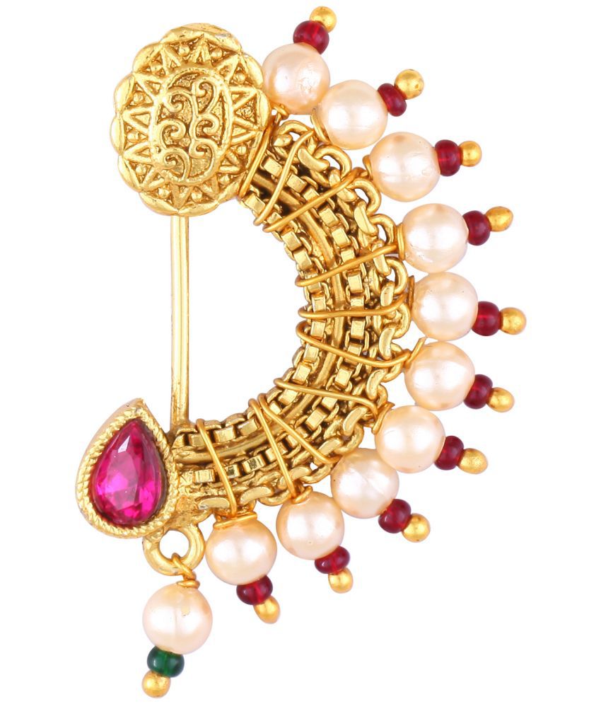     			Vighnaharta Maharastrian Culture Nath Gold Plated alloy Artificial Stones & Pearl work Guchhedar Nose Pin for Women and Girls- (VFJ1060NTH-Press-Red)