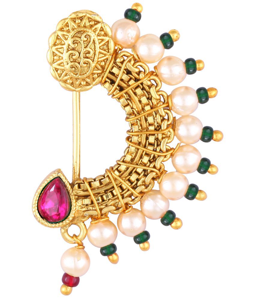     			Vighnaharta Maharastrian Culture Nath Gold Plated alloy Artificial Stones & Pearl work Guchhedar Nose Pin for Women and Girls- (VFJ1066NTH-Press-Red)