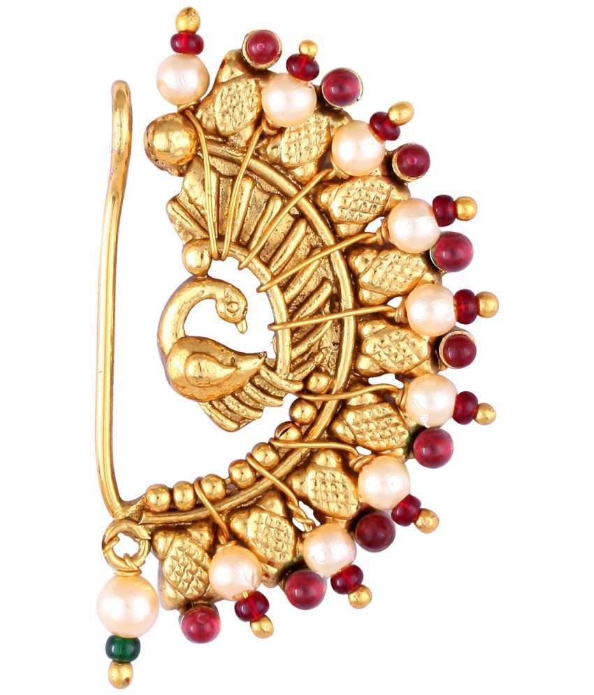     			Vighnaharta Maharastrian Culture Nath Gold Plated alloy Artificial Stones & Pearl work Guchhedar Nose Pin for Women and Girls- (VFJ1065NTH-Press-Red)