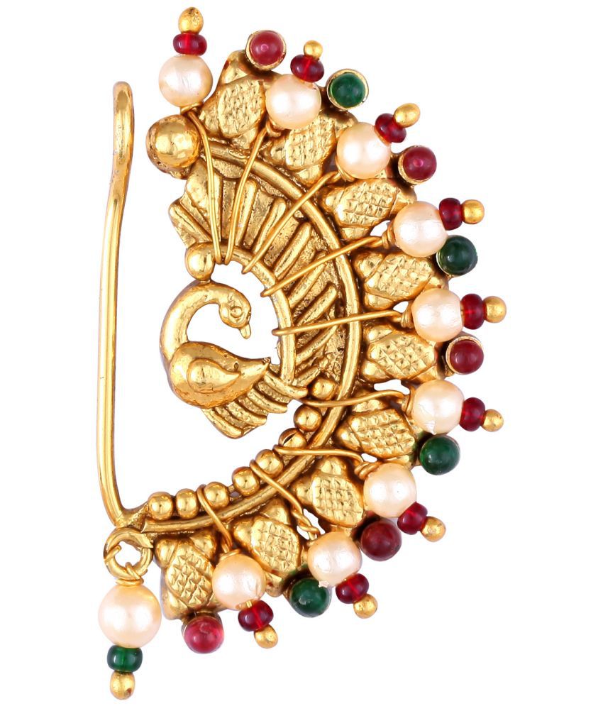 Vighnaharta Maharastrian Culture Nath Gold Plated alloy Artificial Stones & Pearl work Guchhedar Nose Pin for Women and Girls- (VFJ1065NTH-Press-Multi)