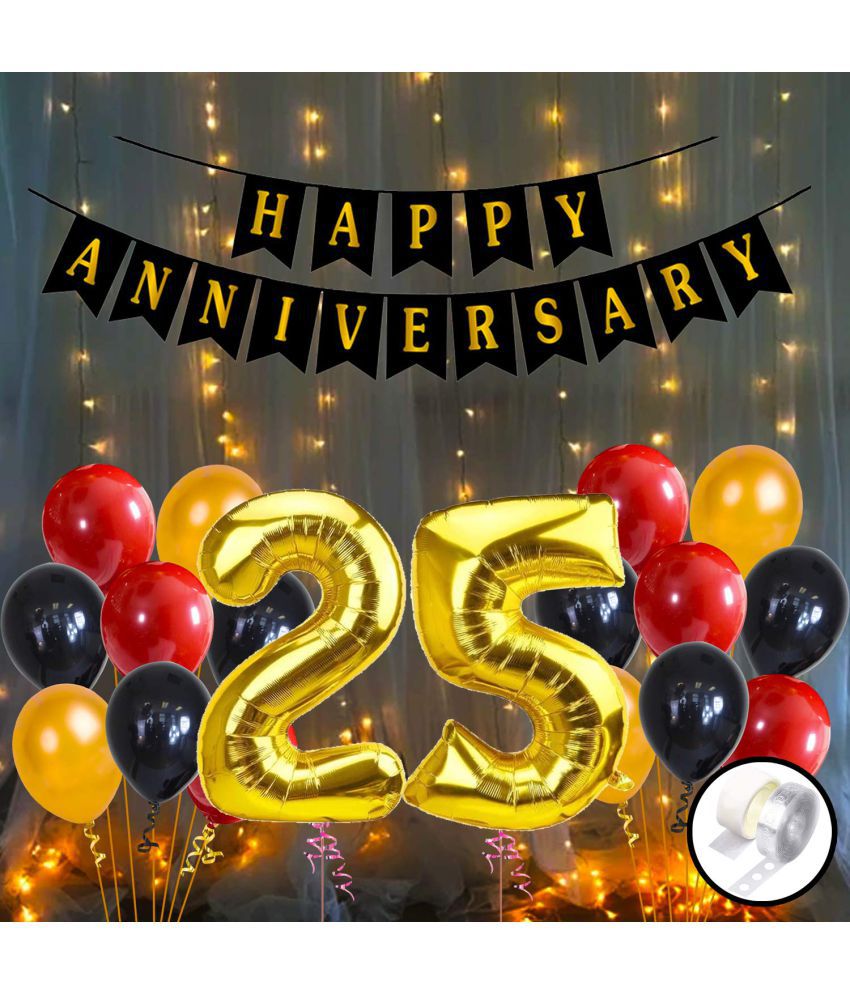     			Party Propz 25th Happy Anniversary Decoration Items with LED Light Banner, Balloons, Arch, Glue Dot 56Pcs Set for 25th Party Room Decoration Combo Set/Couple Wedding,Marriage Celebration
