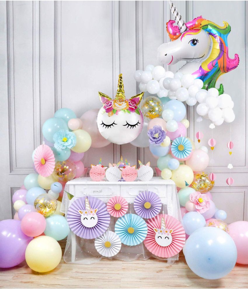     			Party Propz Unicorn Theme Supplies Combo - 93Pcs Paper fan, Foil Balloon, Unicorn Head Balloon, Star And Latex Balloon For Girls Birthday Decoration