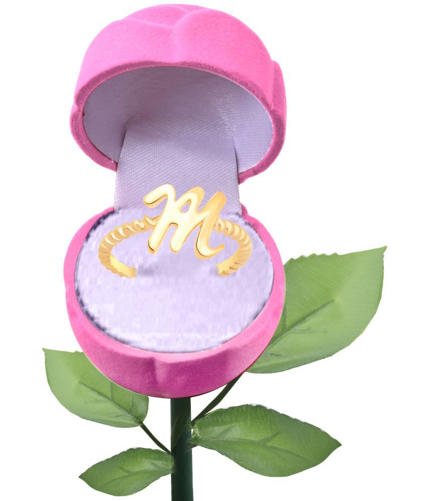     			Vighnaharta Stylish "M" Letter Gold Plated Alloy Ring with pink rose box