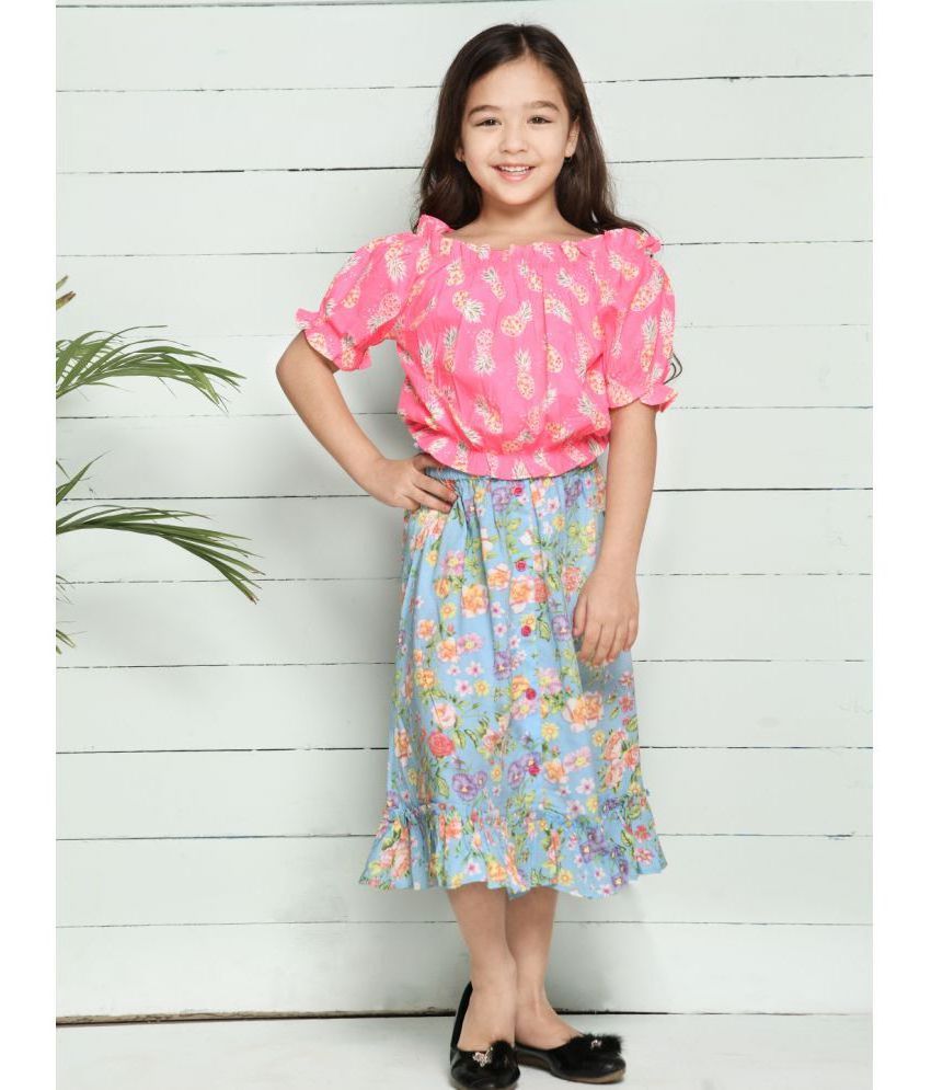     			Baby Pink Blue Fruit Print Bardot Top with Floral Skirt Set