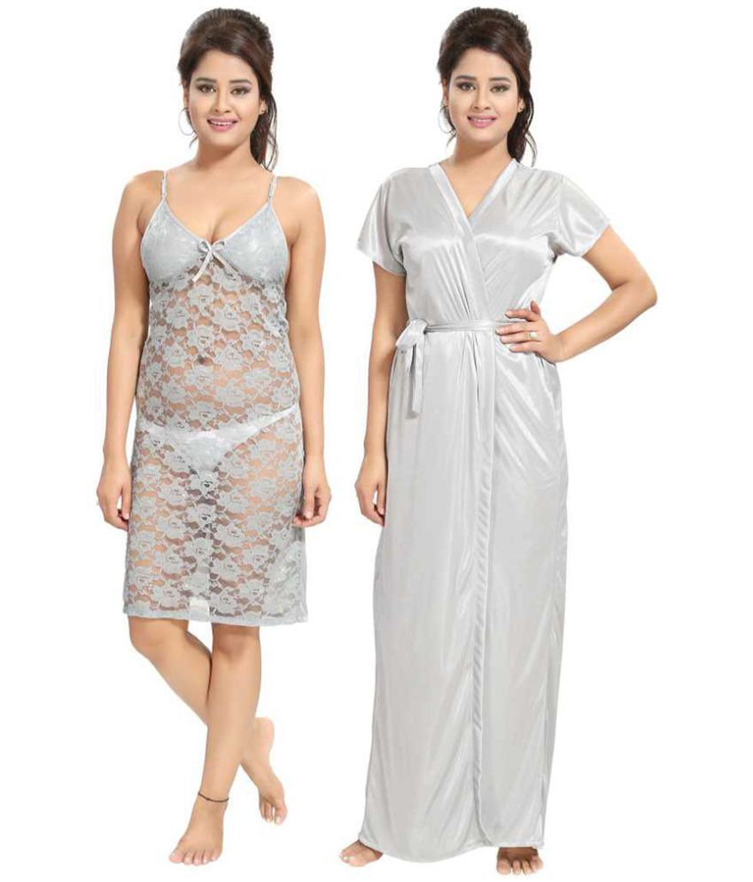     			Gutthi Satin Nighty & Night Gowns - Grey Pack of 2