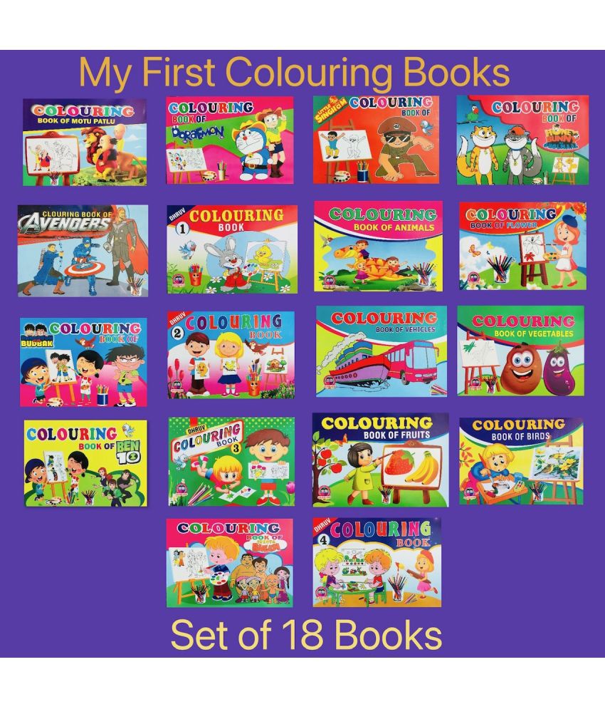     			My First Colouring Kids Book Collections (Set Of 18) -Motu Patlu, Doraemon, Little Singham, Avengers, Ben 10, Chhota Bheem, Fruits, Vehicles, Animals, Birds, Vegetables, Flowers, Colours Volume-1,2,3 & 4.