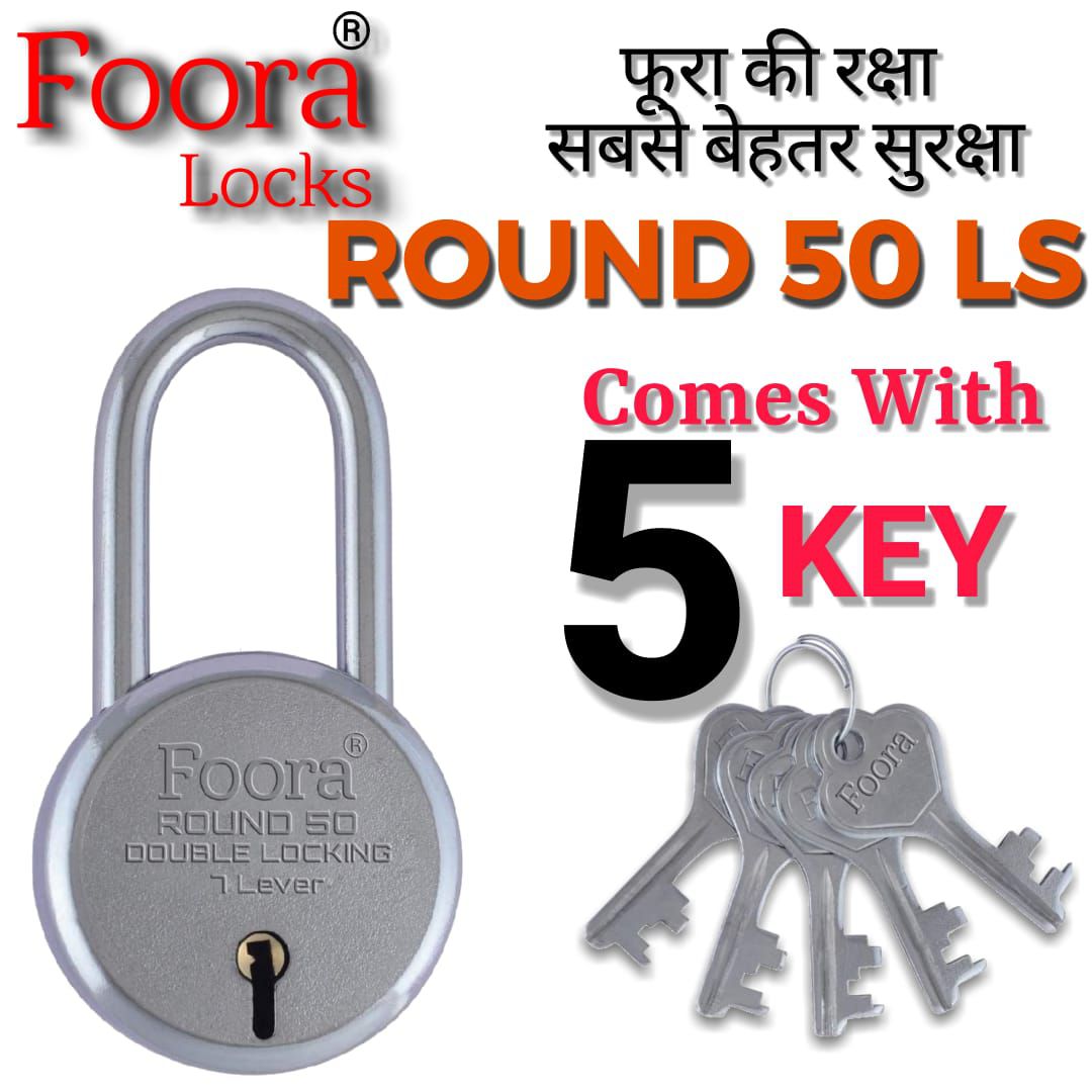     			Foora Round 50mm Long Shackle Door Lock (Small Size ) Round Steel Padlock with 5 Keys, 7 Lever Double Locking