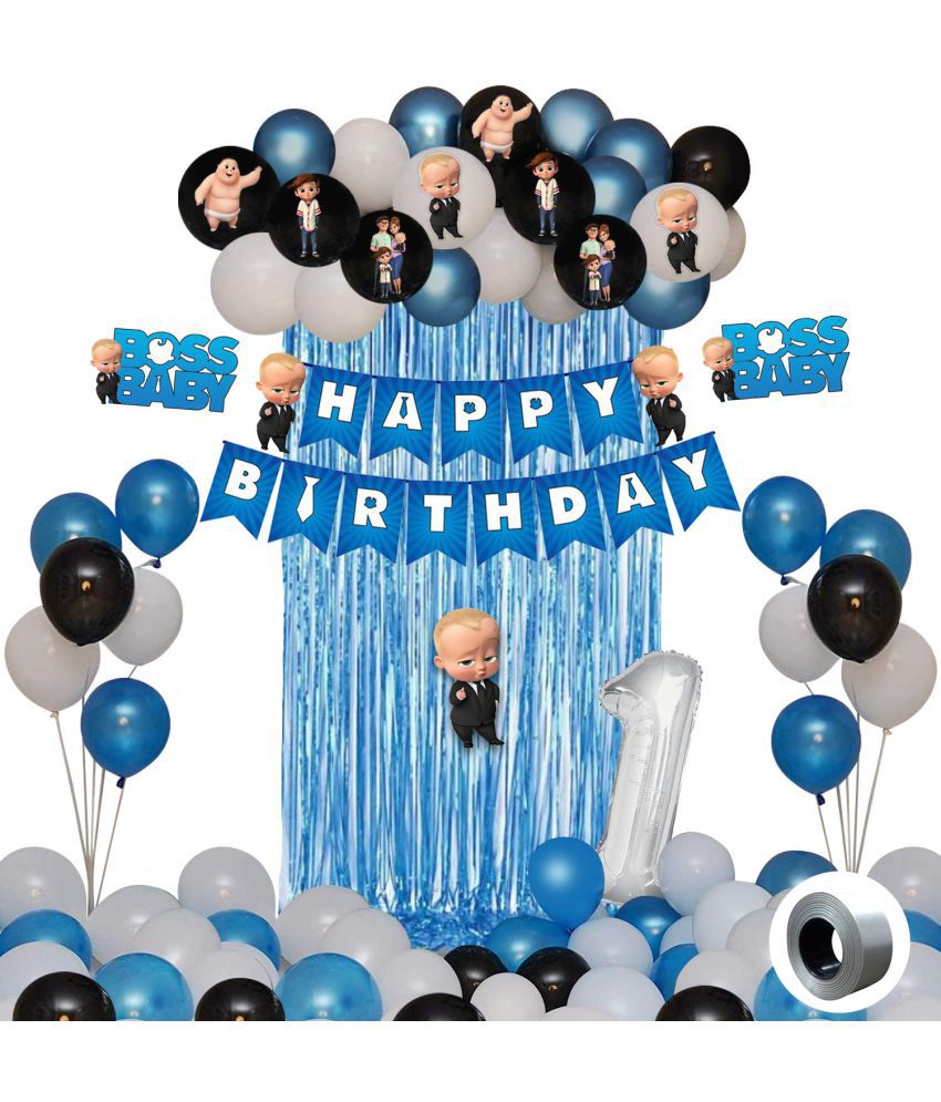     			Party Propz Boss Baby Theme Decorations 1st Birthday Combo Set for Boys Bday - 43Pcs Happy Birthday Bunting; Blue White BlackMetallic Balloons; Boss Baby Character; Foil Curtain; Foil Balloon Set