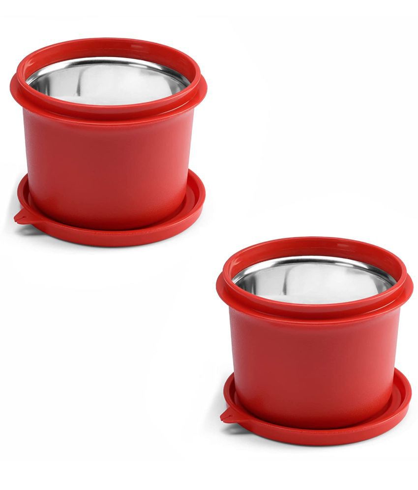SOPL- Oliveware (logo) with Device Stainless Steel to Store Food in Plastic Free Microwave Containers - Red, 600ml - Set of 2