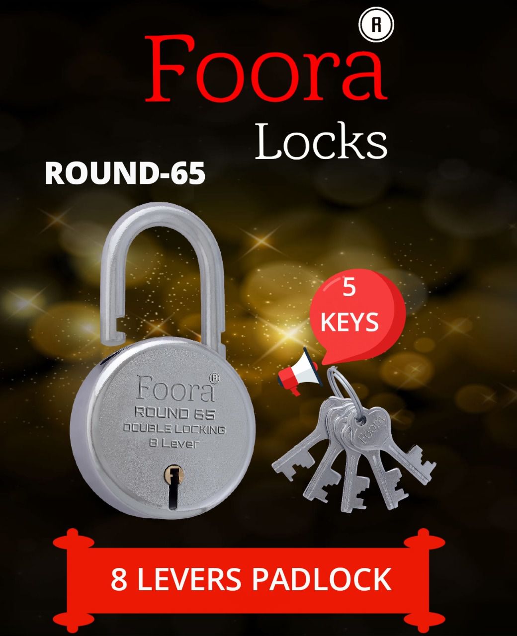 Foora-Tools Hardware Round 65 Padlock/door lock with 5 Keys ,Steel Double Locking 8 Lever Silver (65mm Normal Shackle)