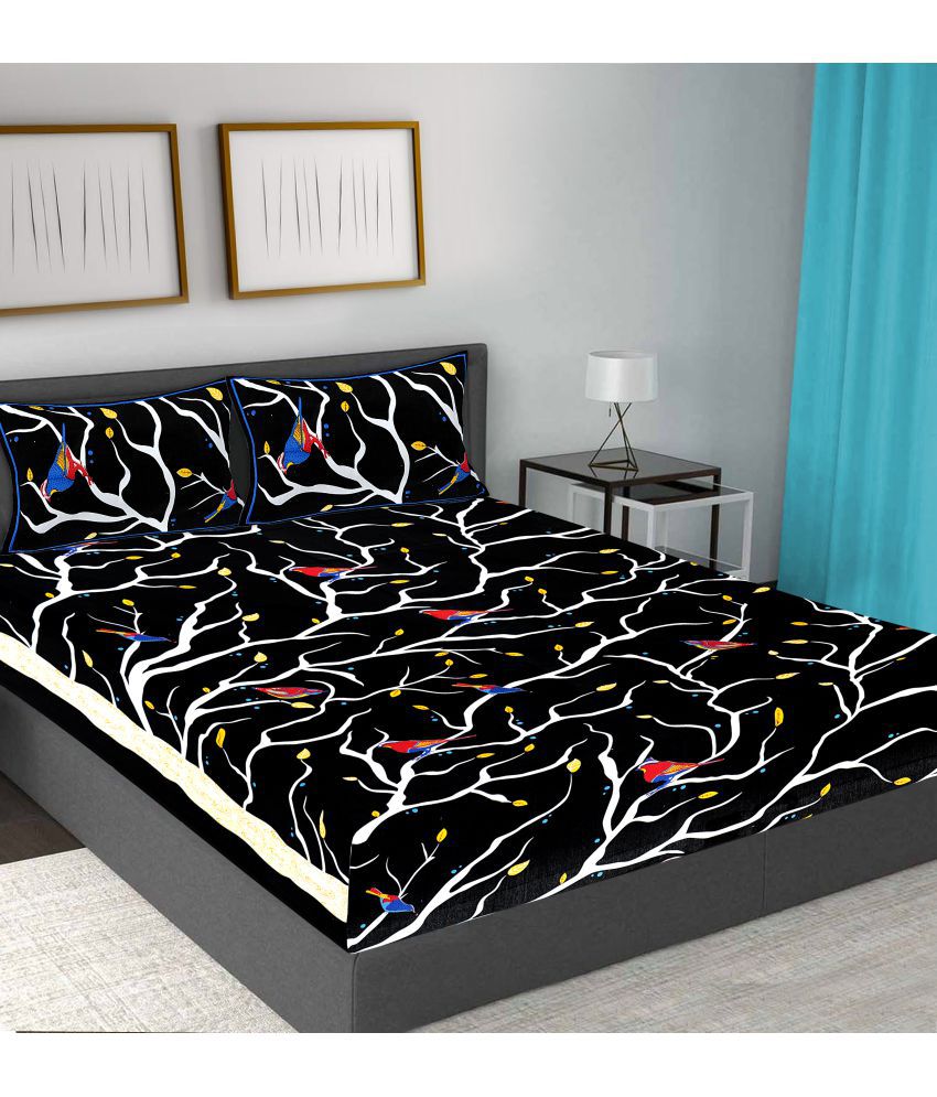     			Frionkandy Cotton Birds Printed Queen Bedsheet with 2 Pillow Covers - Black