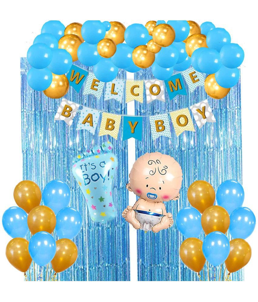     			Party Propz Baby Boy Welcome Home Decoration Kit 65Pcs Bunting, Balloon with Baby Boy and Feet Foil Balloon for Baby Shower / Welcome / Birthday Supplies
