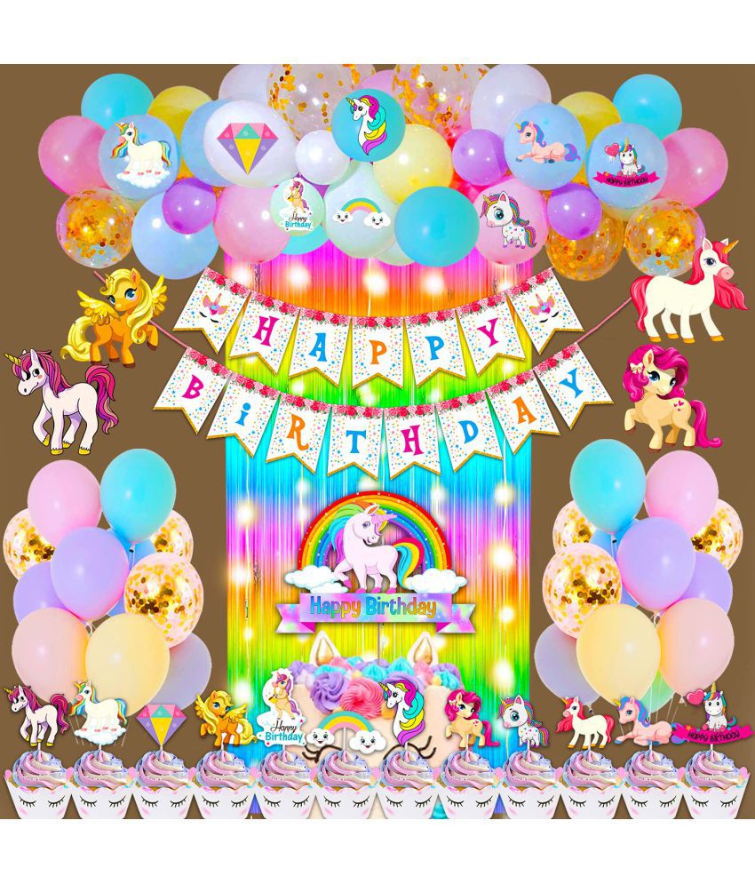     			Party Propz Unicorn Theme Birthday Decorations Items Combo Set - 73Pcs Kit with Banner, Cake Topper,Curtains, Pastel Balloons - Happy Birthday Decoration Kit For Girls / Unicorn Birthday Decorations