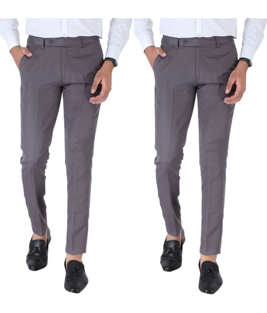     			SREY Grey Slim -Fit Flat Trousers Pack of 2