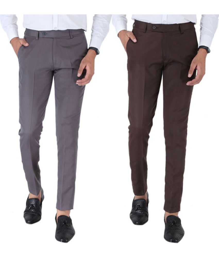    			SREY Grey Slim -Fit Flat Trousers Pack of 2