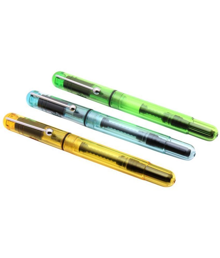     			Set Of 3 - Jinhao Student Demonstrator Yellow Green Blue Fountain Pens Fine Nib Converter With Steel Ball Clip