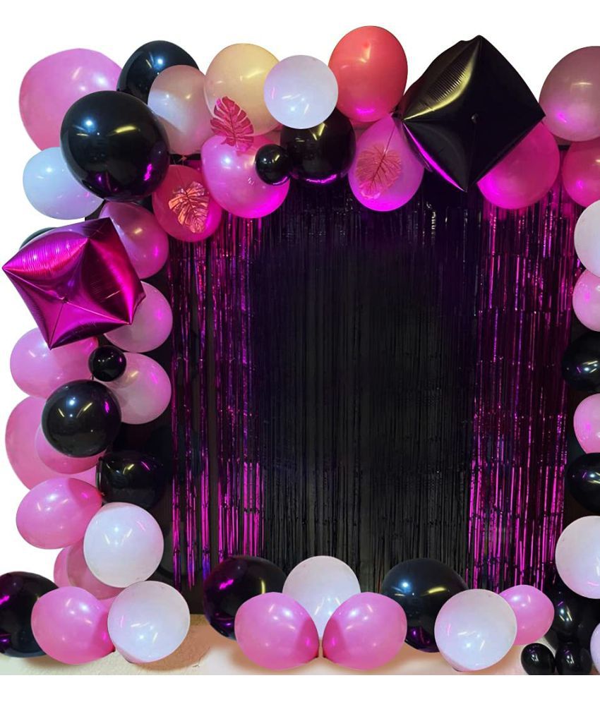     			Party propz Happy Birthday Balloons Set / Pink Black Balloons Decoration Kit- 54Pcs With Fringe Foil Curtain, 4D Foil Balloon, Pink Leaves, Metallic Balloon,Glue Dot, Arc For Baloon Garland Kit/Girls Birthday/Bride To Be Balloon