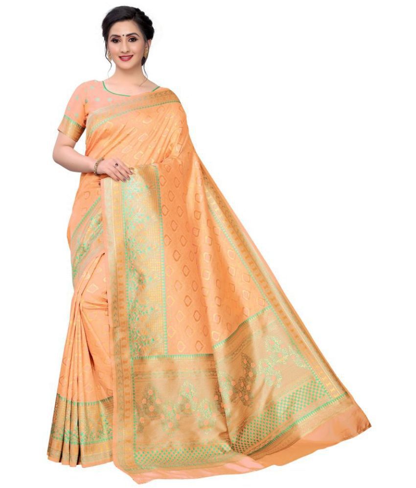 Vbuyz - Orange Banarasi Silk Saree With Blouse Piece (Pack of 1)