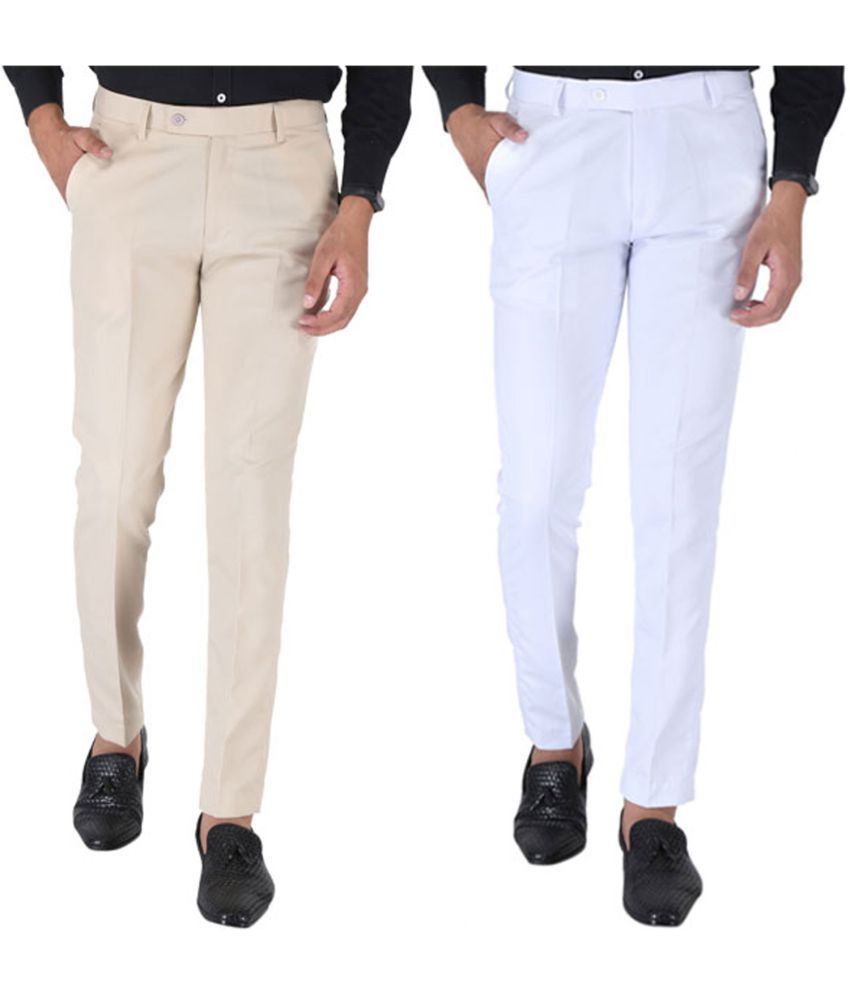     			SREY Cream Slim -Fit Flat Trousers Pack of 2