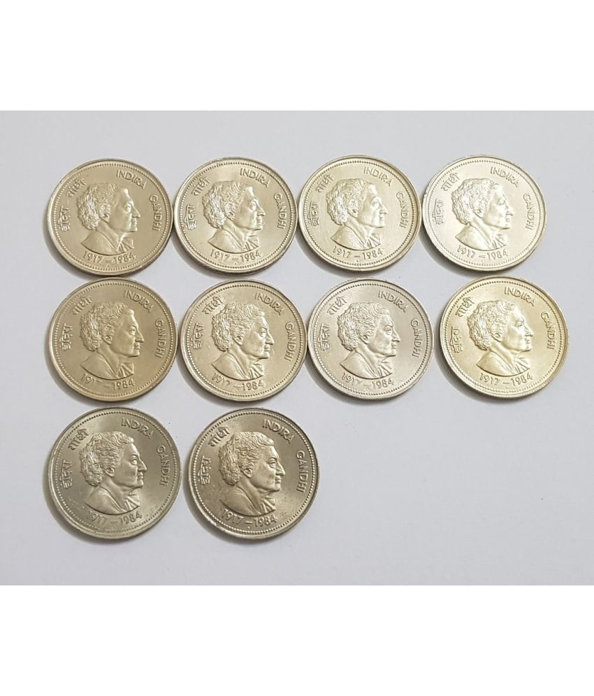     			Rare 5 R s Indira Gandhi UNC 10 Coins Lot