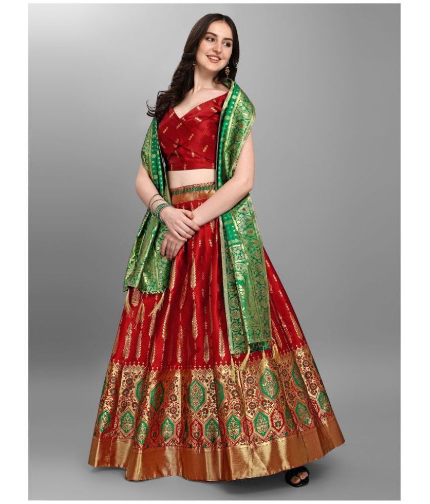     			PURVAJA Red Jacquard Circular Semi Stitched Lehenga Single