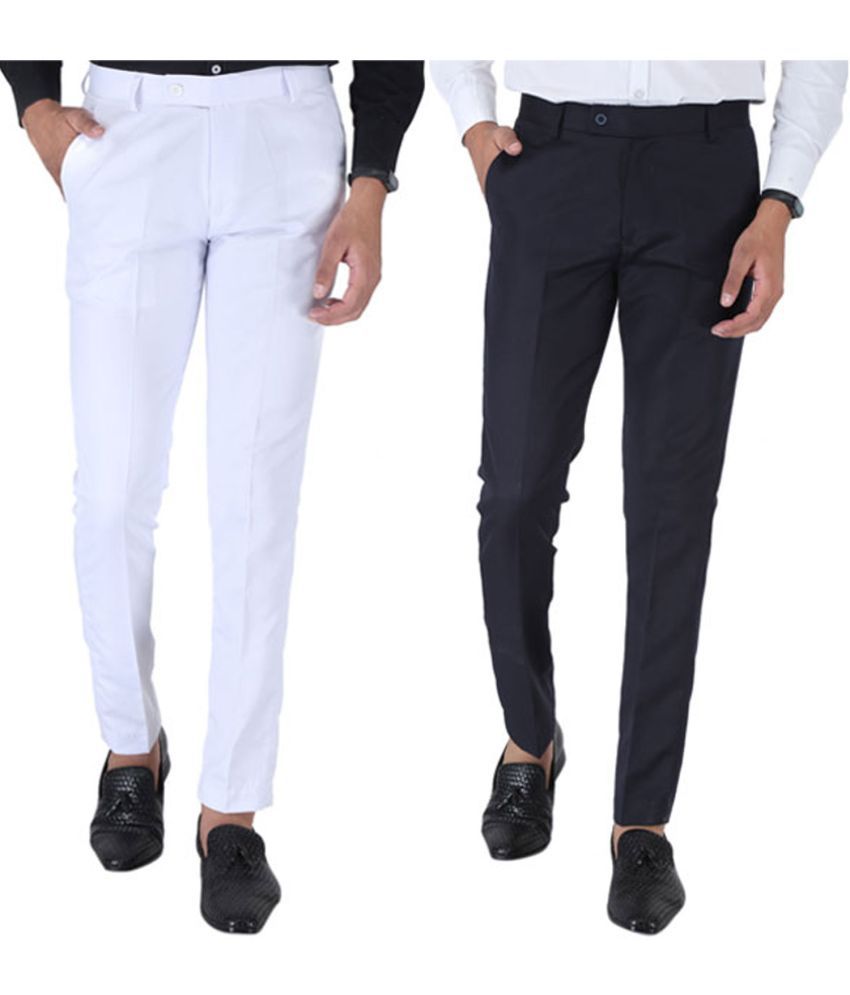     			SREY White Slim -Fit Flat Trousers Pack of 2