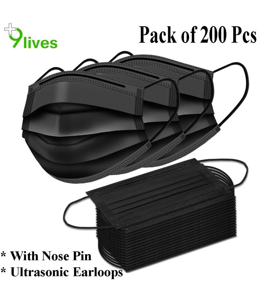     			9Lives 3 Ply Anti Viral, Anti Pollution Surgical Disposable Face Mask With Nose Pin- Pack of 200 (Black)