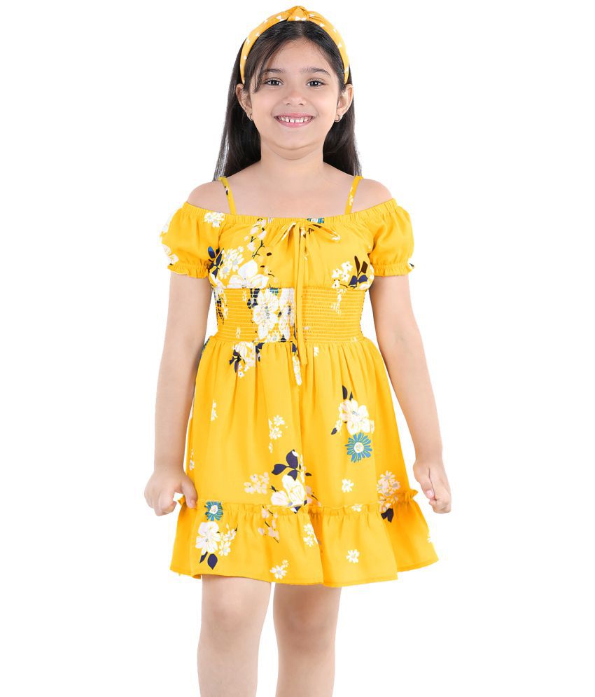     			Naughty Ninos Girls Yellow Floral Printed Off Shoulder Dress