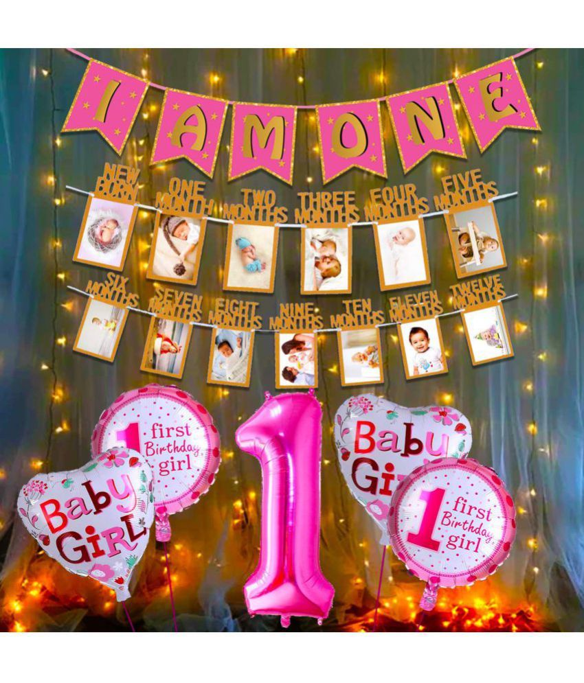     			Party Propz Pink 1st Birthday Decoration For Baby Girl With Warm Led Light Set I Am One Banner, 1-12 Month Milestone Banner, Number 1 Foil Balloon And Round Foil Balloons Combo-8Pcs