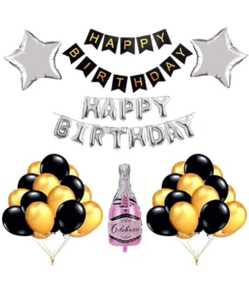     			Blooms Event Bottle Balloons and Banner Birthday Decoration Items, 67 Pieces, Black Silver