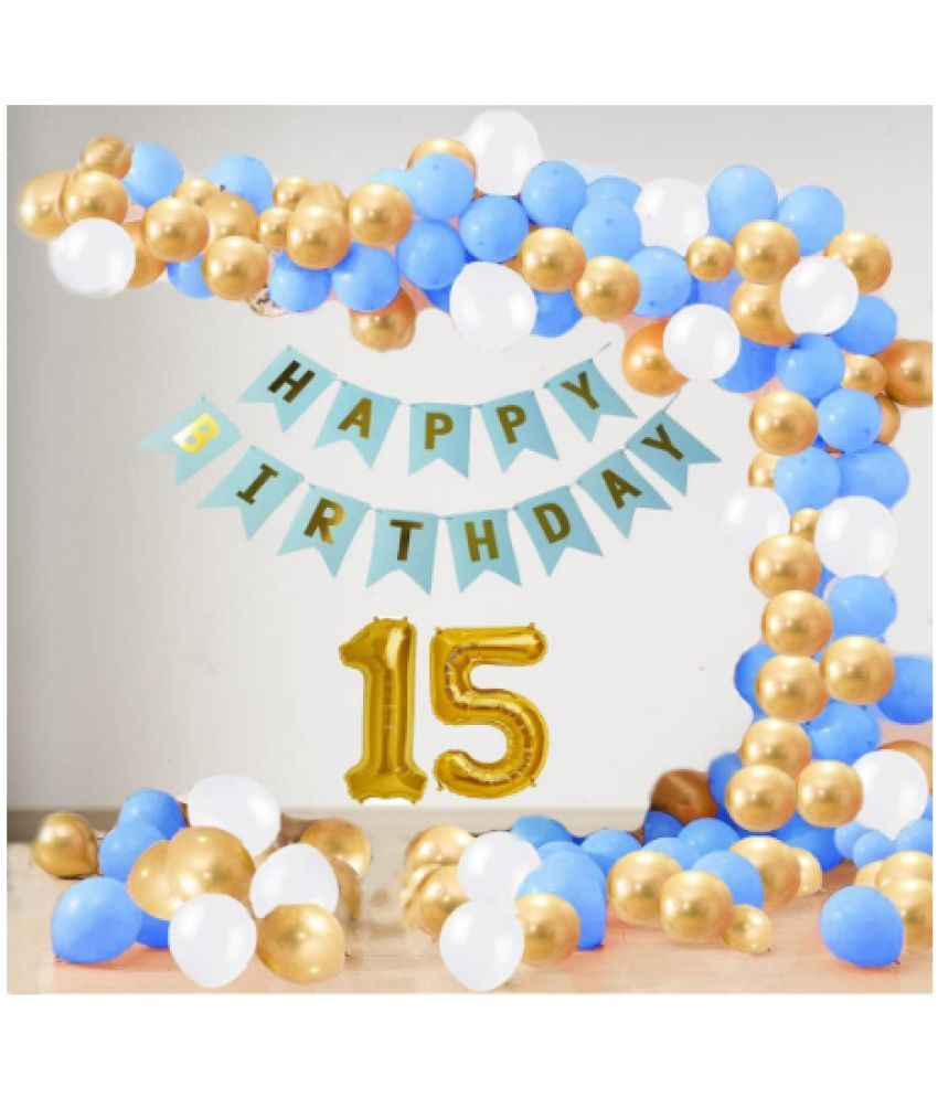     			Blooms Event15 Year Decoration kit For Boy and Girl Happy-Birthday 62 Pcs Combo Items 20 golden, 20 White 20 Blue balloons and 13 letter happy birthday banner and 15 letter golden foil balloon.