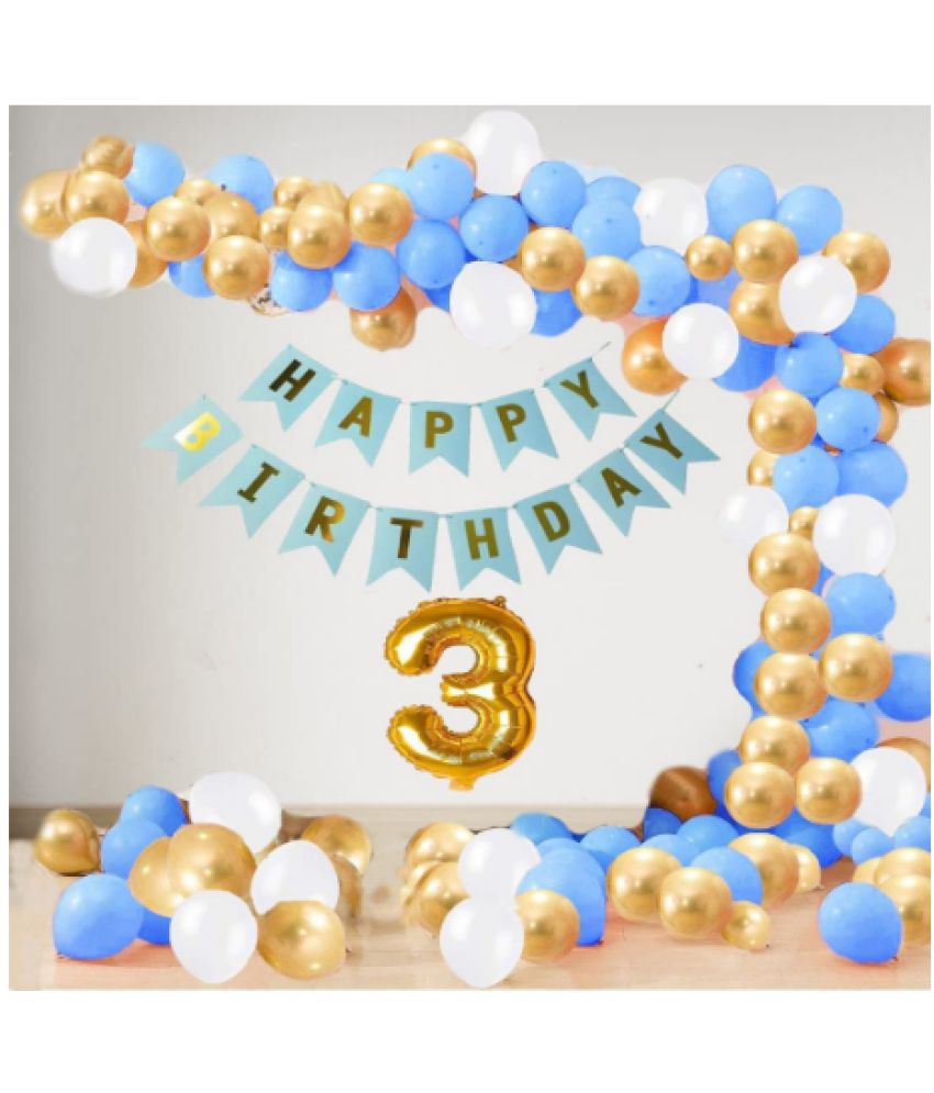 Blooms Event3 Year Decoration kit For Boy and Girl Happy-Birthday 62 Pcs Combo Items 20 golden, 20 White 20 Blue balloons and 13 letter happy birthday banner and 3 letter golden foil balloon.