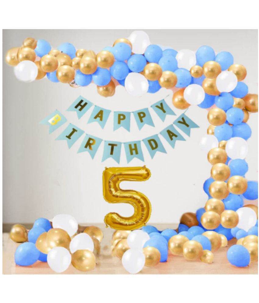     			Blooms Event5 Year Decoration kit For Boy and Girl Happy-Birthday 62 Pcs Combo Items 20 golden, 20 White 20 Blue balloons and 13 letter happy birthday banner and 5 letter golden foil balloon.