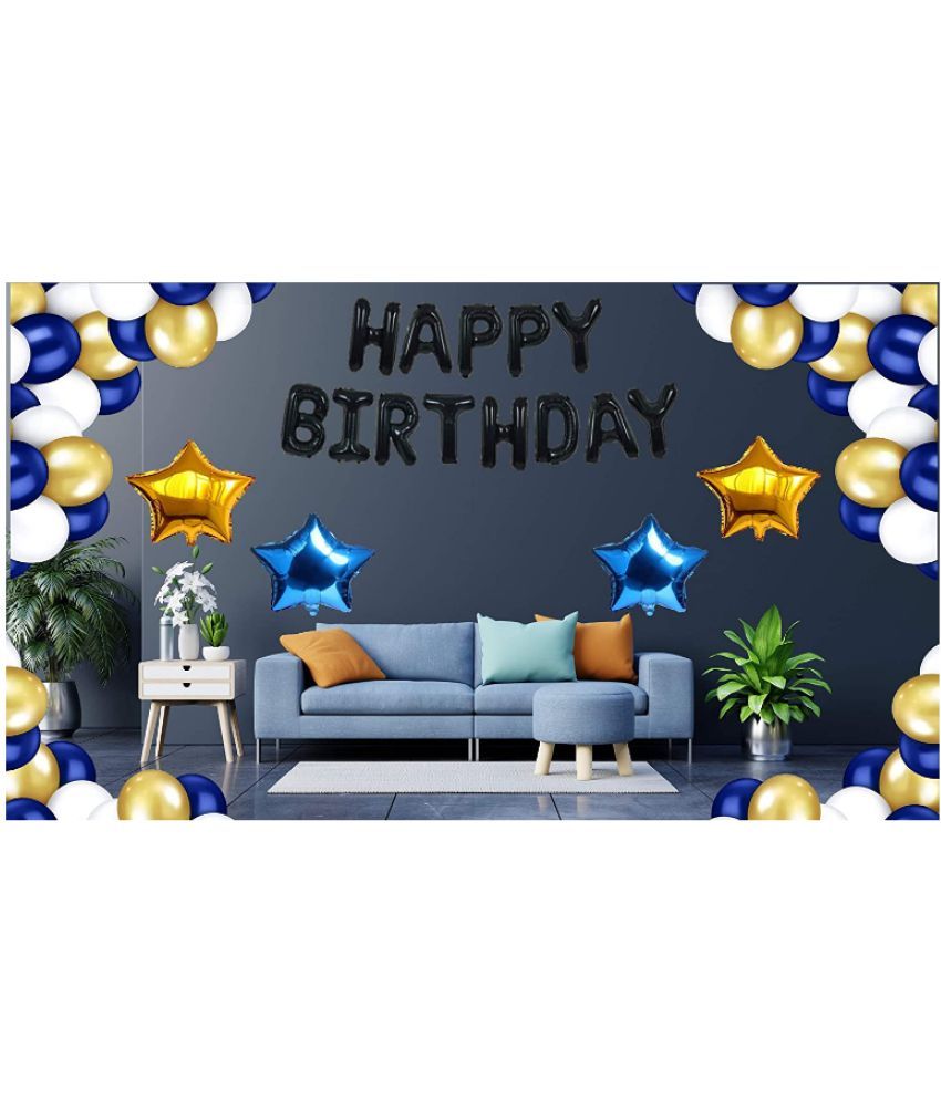     			Blooms EventHappy Birthday Decoration Items  BlackFoil HBD+ 30 HD Metallic Royal Blue , Gold & White Balloons Decoration +  (2 Gold Star & 2 Royal Blue) Star