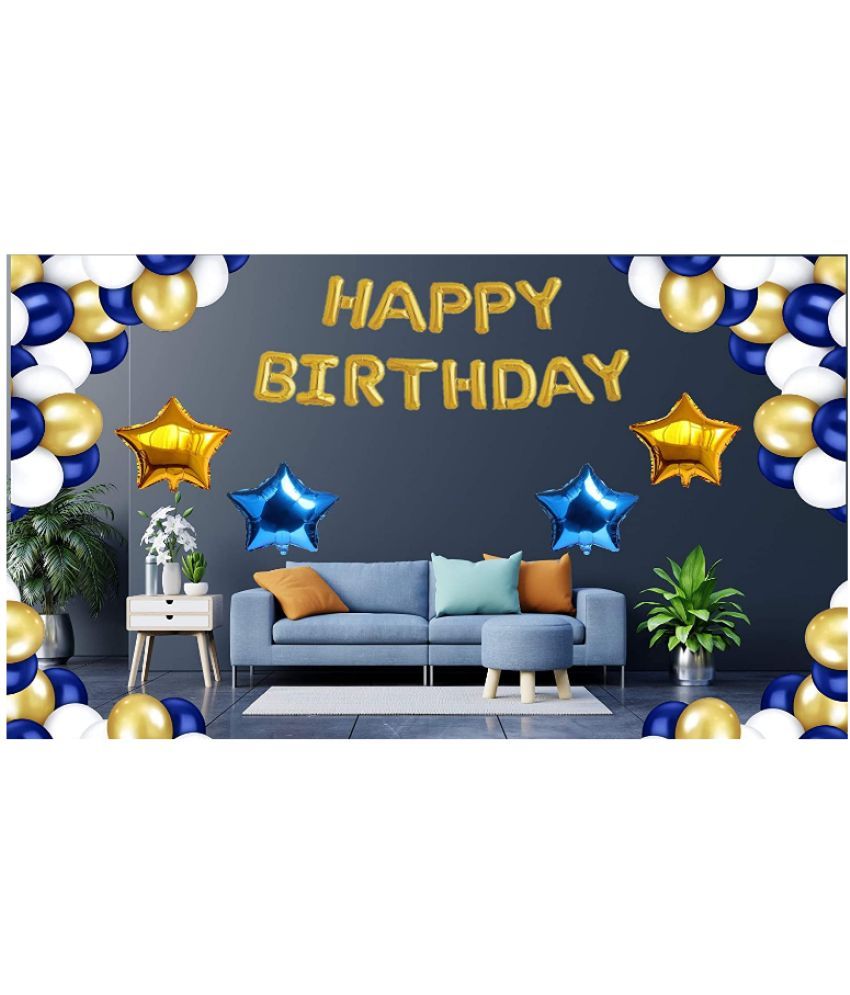     			Blooms EventHappy Birthday Decoration Items  Gold Foil HBD+ 30 HD Metallic Royal Blue , Gold & White Balloons Decoration +  (2 Gold Star & 2 Royal Blue) Star